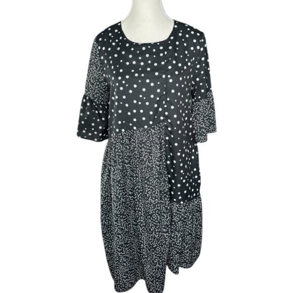 CAARA Women Millazo Small‎ Black White Polka Dot Mixed Print Tiered Shift Dress